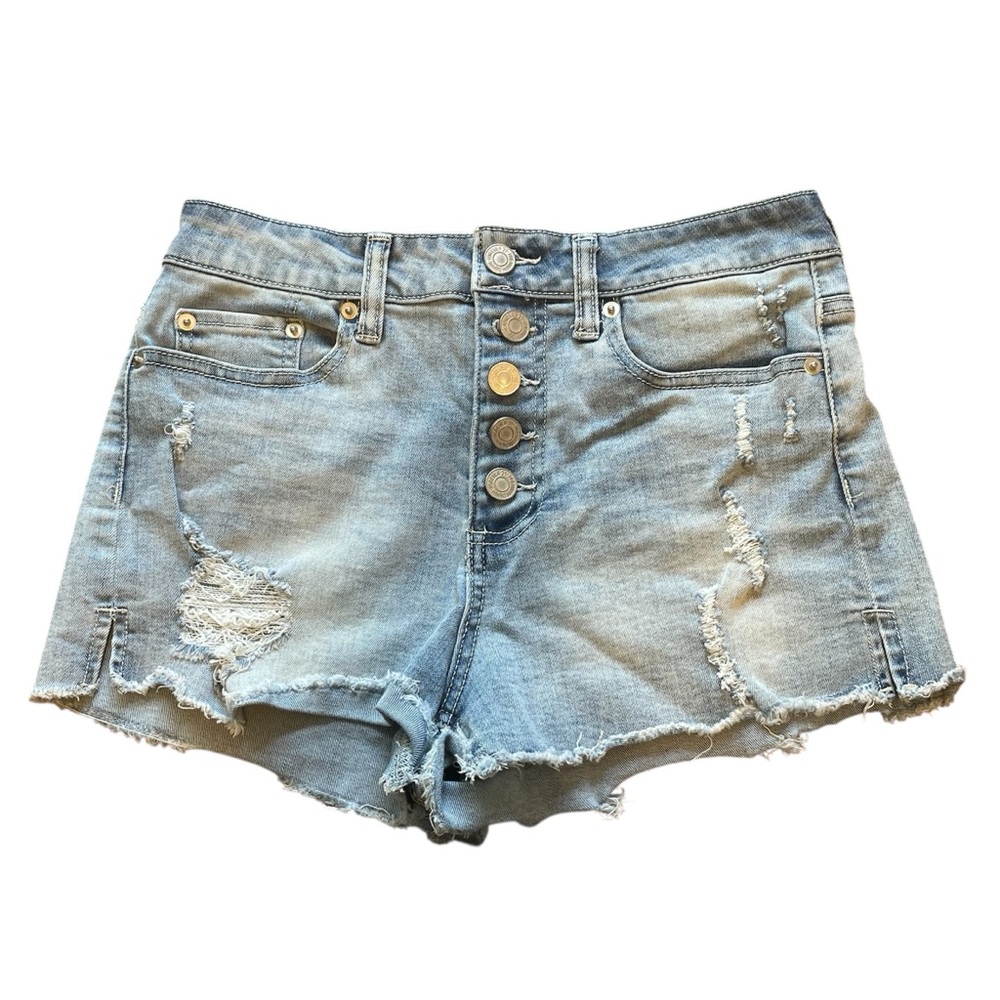 Forever 21 Solid Blue Light Wash High Rise Button Fly Denim Jean Short Shorts
